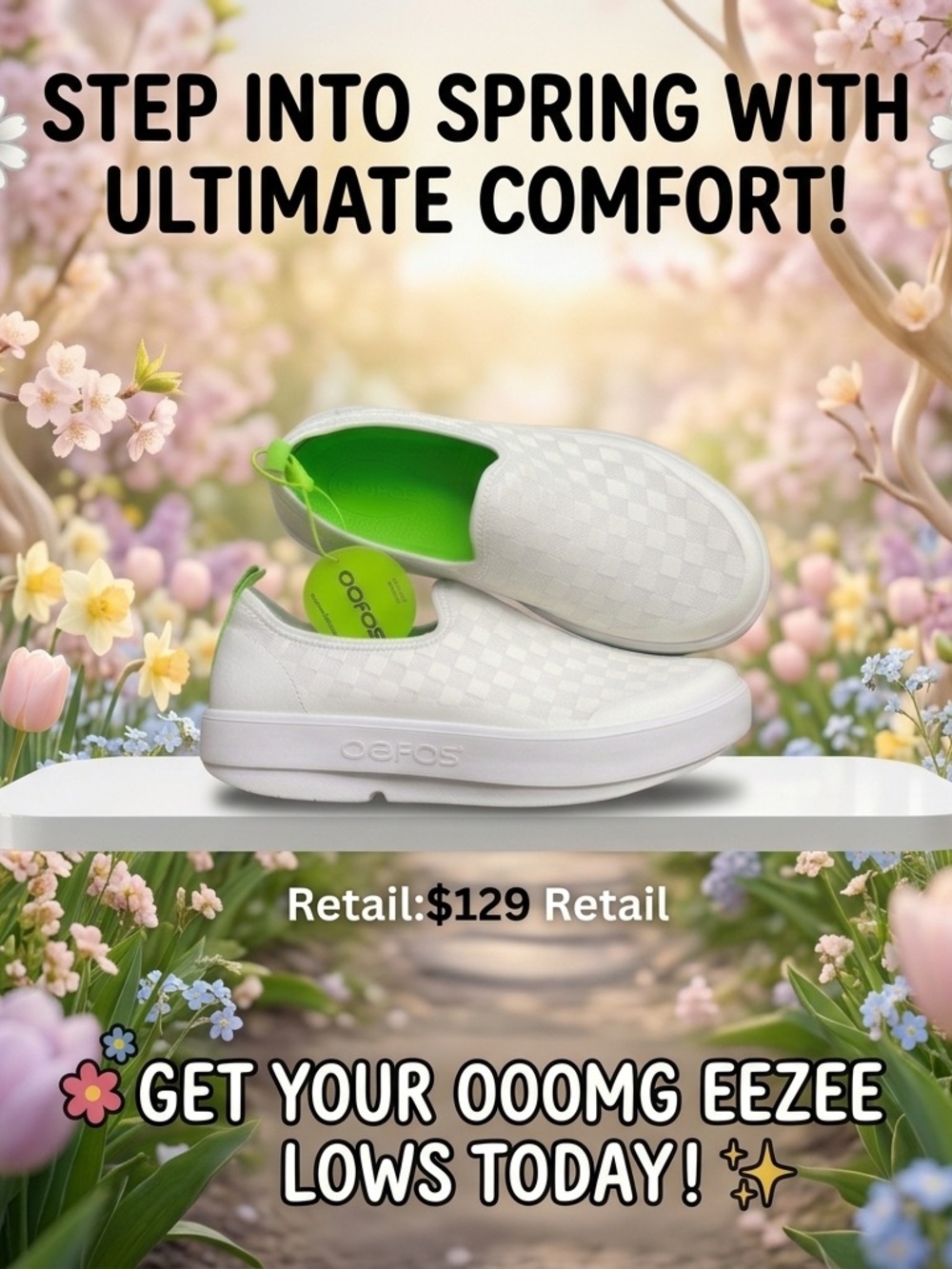 OOFOS White Slip-On Shoes with Neon Green Insole